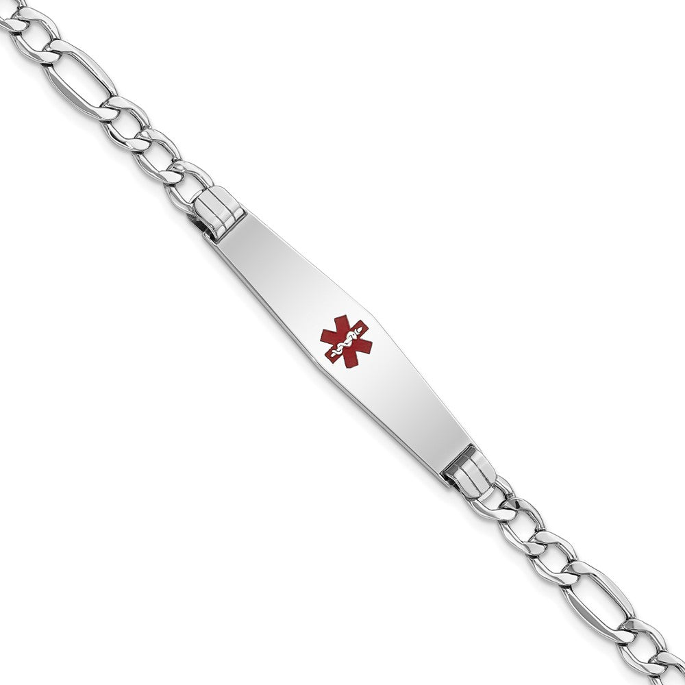 Engravable 14K White Gold Medical Soft Diamond Shape Red Enamel Figaro ID Bracelet Length 7 inches Width 9 mm With Lobster Claw Clasp