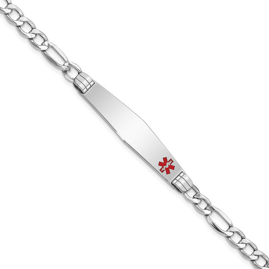 Engravable 14K White Gold Medical Soft Diamond Shape Red Enamel Figaro ID Bracelet Length 7 inches Width 9 mm With Lobster Claw Clasp