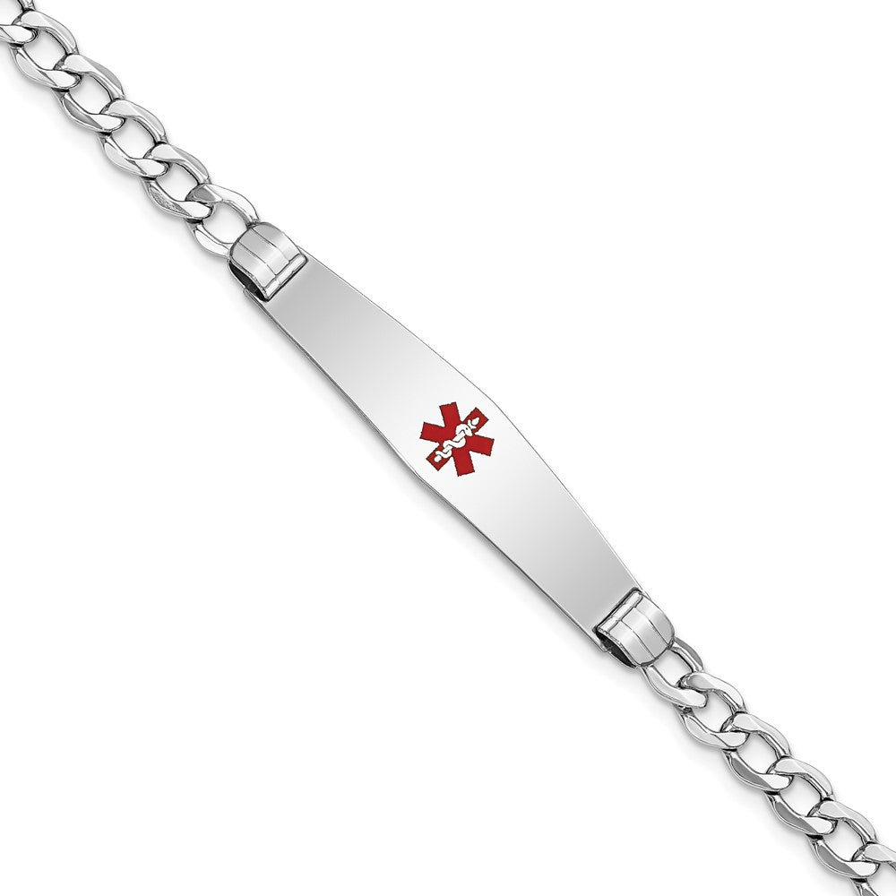 Engravable 14K White Gold Medical Soft Diamond Shape Red Enamel Curb ID Bracelet Length 8 inches Width 8.5 mm With Lobster Claw Clasp