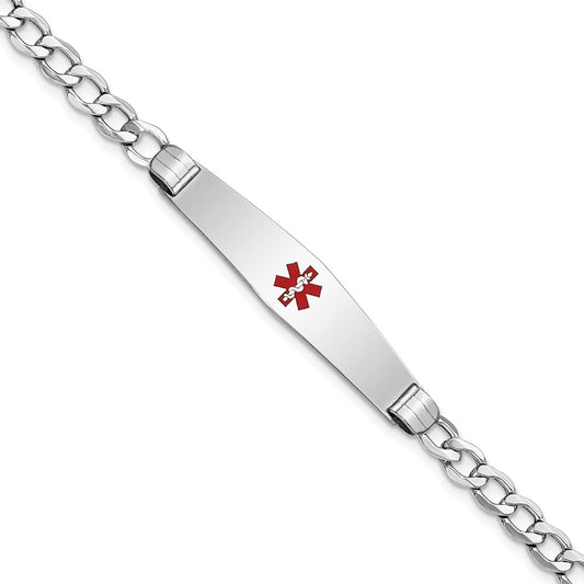 Engravable 14K White Gold Medical Soft Diamond Shape Red Enamel Curb ID Bracelet Length 8 inches Width 8.5 mm With Lobster Claw Clasp