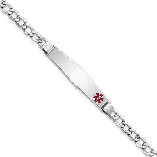 Engravable 14K White Gold Medical Soft Diamond Shape Red Enamel Cuban ID Bracelet Length 7 inches Width 8.8 mm With Lobster Claw Clasp