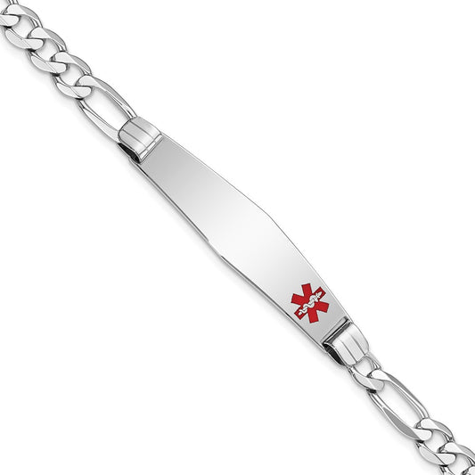 Engravable 14K White Gold Medical Soft Diamond Shape Red Enamel Figaro Link ID Bracelet Length 8 inches Width 9.5 mm With Lobster Claw Clasp