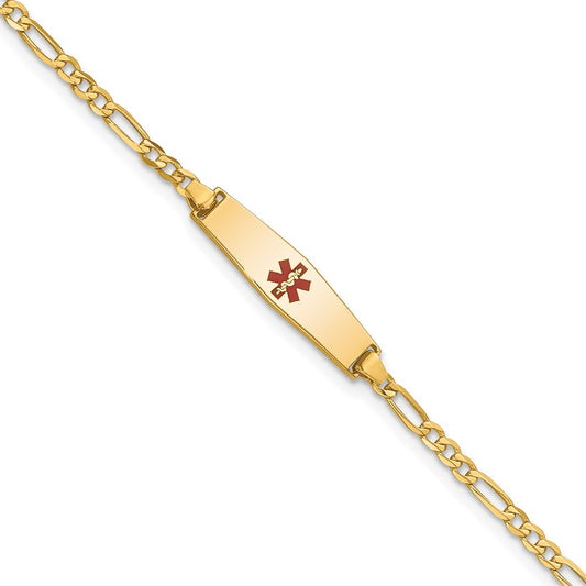 Engravable 14K Yellow Gold Medical Soft Diamond Shape Red Enamel Figaro ID Bracelet Length 7 inches Width 6 mm With Lobster Claw Clasp