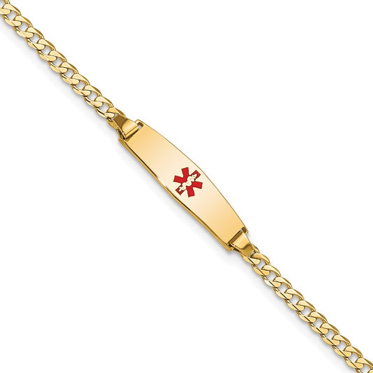 Engravable 14K Yellow Gold Medical Soft Diamond Shape Red Enamel Curb Link ID Bracelet Length 8 inches Width 5.5 mm With Lobster Claw Clasp