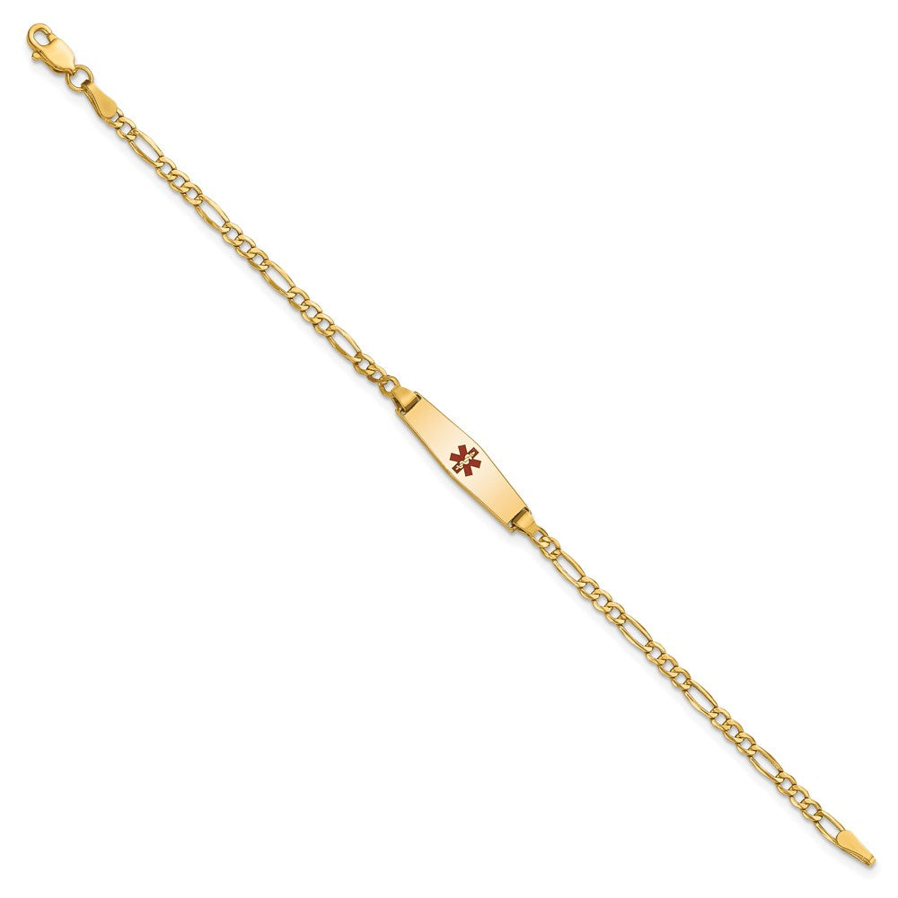 Engravable 14K Yellow Gold Medical Soft Diamond Shape Red Enamel Figaro ID Bracelet Length 7 inches Width 5.5 mm With Lobster Claw Clasp
