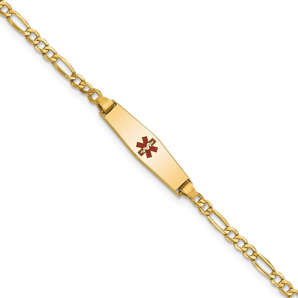Engravable 14K Yellow Gold Medical Soft Diamond Shape Red Enamel Figaro ID Bracelet Length 7 inches Width 5.5 mm With Lobster Claw Clasp