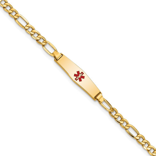 Engravable 14K Yellow Gold Medical Soft Diamond Shape Red Enamel Figaro ID Bracelet Length 6 inches Width 5.5 mm With Lobster Claw Clasp