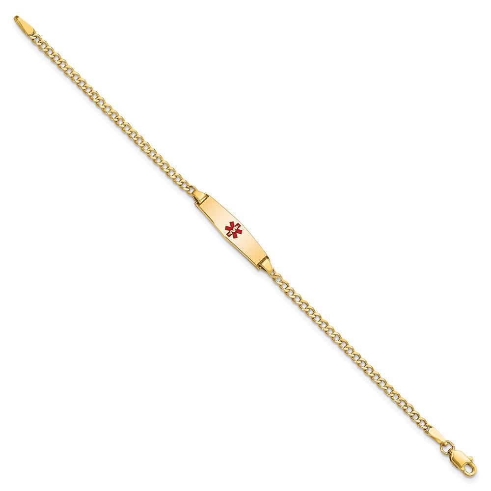 Engravable 14K Yellow Gold Medical Soft Diamond Shape Red Enamel ID Cuban Bracelet Length 7 inches Width 5.5 mm With Lobster Claw Clasp