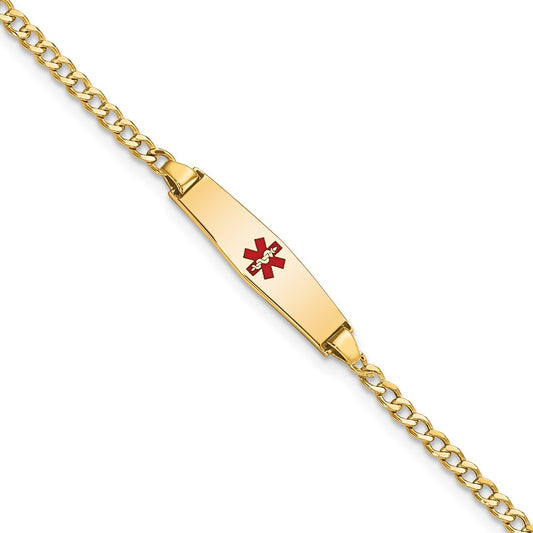 Engravable 14K Yellow Gold Medical Soft Diamond Shape Red Enamel ID Cuban Bracelet Length 7 inches Width 5.5 mm With Lobster Claw Clasp