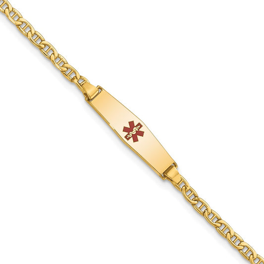 Engravable 14K Yellow Gold Medical Soft Diamond Shape Red Enamel Anchor ID Bracelet Length 6 inches Width 6 mm With Lobster Claw Clasp