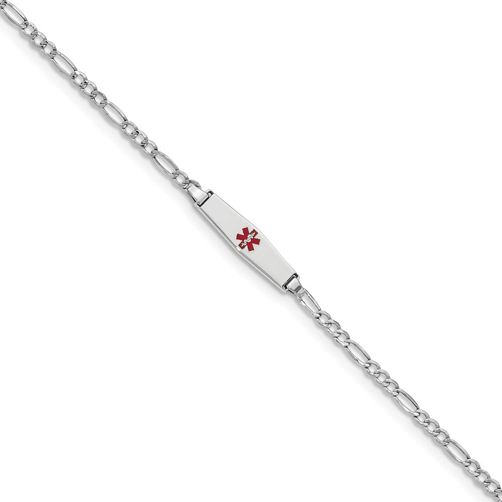 Engravable 14K White Gold Medical Soft Diamond Shape Red Enamel Figaro ID Bracelet Length 7 inches Width 6 mm With Lobster Claw Clasp