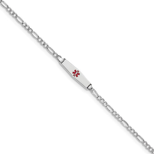 Engravable 14K White Gold Medical Soft Diamond Shape Red Enamel Figaro ID Bracelet Length 7 inches Width 6 mm With Lobster Claw Clasp