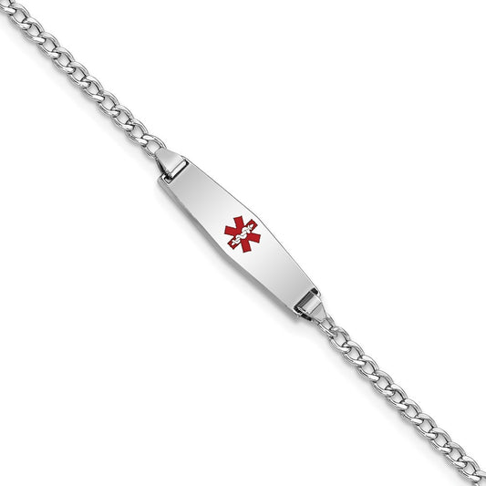 Engravable 14K White Gold Medical Soft Diamond Shape Red Enamel Cuban ID Bracelet Length 7 inches Width 5.5 mm With Lobster Claw Clasp