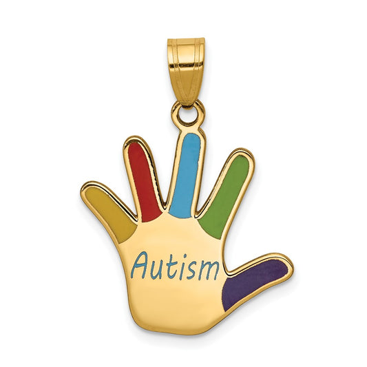 14k Yellow Gold Enameled AUTISM Handprint Engravable Charm Pendant Jewelry Gifts (Length 1.14" Width 0.83")