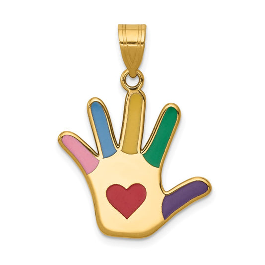 14k Yellow Gold Enameled Autism with Heart Handprint Engravable Charm Pendant Jewelry Gifts (Length 1.14" Width 0.84")