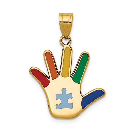 14k Yellow Gold Enameled Autism with Puzzle Piece Handprint Engravable Charm Pendant Jewelry Gifts (Length 1.13" Width 0.81")