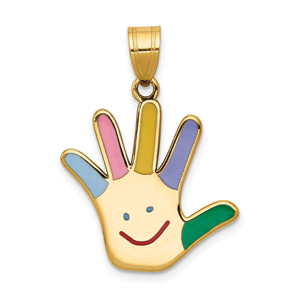 14k Yellow Gold Enameled Autism with Happy Face Handprint Engravable Charm Pendant Jewelry Gifts (Length 1.14" Width 0.81")