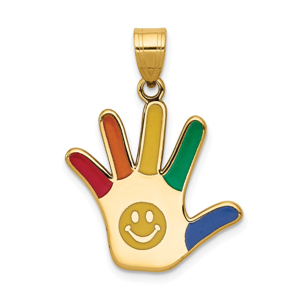 14k Yellow Gold Enameled Autism with Smiley Face Handprint Engravable Charm Pendant Jewelry Gifts (Length 1.14" Width 0.82")