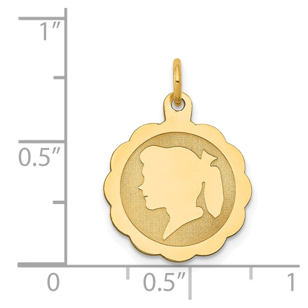 14k Yellow Gold Girl Head on .013 Gauge Scalloped Disc Engravable Charm Pendant Jewelry Gifts (Length 0.82" Width 0.59")