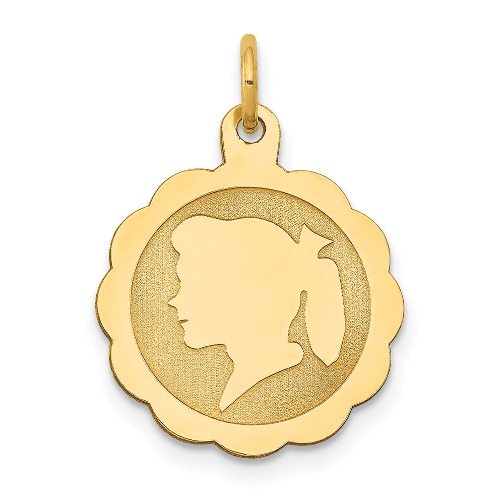 14k Yellow Gold Girl Head on .013 Gauge Scalloped Disc Engravable Charm Pendant Jewelry Gifts (Length 0.82" Width 0.59")