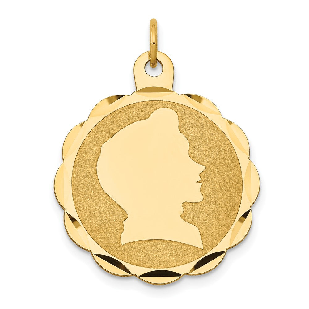 14k Yellow Gold Boy Head on .013 Gauge Scalloped Disc Engravable Charm Pendant Jewelry Gifts (Length 1.13" Width 0.86")