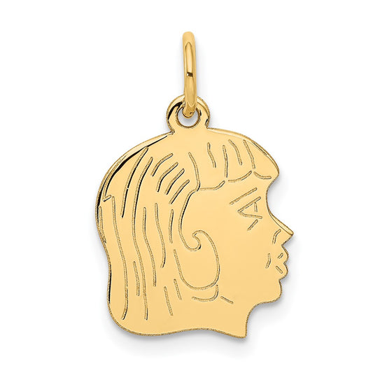 14k Yellow Gold .011 Depth Girl HeadEngravable Charm Pendant Jewelry Gifts (Length 0.86" Width 0.51")