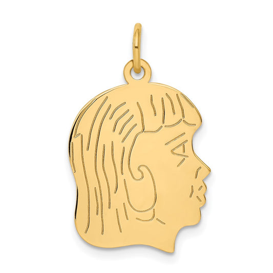 14k Yellow Gold .013 Depth Girl HeadEngravable Charm Pendant Jewelry Gifts (Length 1.05" Width 0.66")