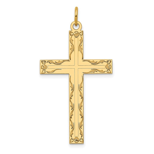 14k Yellow Gold Laser Designed Crucifix CrossEngravable Charm Pendant Jewelry Gifts (Length 1.56" Width 0.86")
