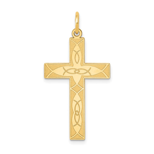 14k Yellow Gold Laser Designed Ichthus Crucifix CrossEngravable Charm Pendant Jewelry Gifts (Length 1.21" Width 0.66")