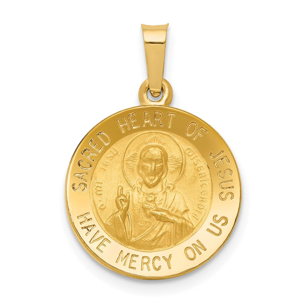 14k Yellow Gold Polished and Satin Sacred Heart of Jesus Medal Hollow Engravable Charm Pendant Jewelry Gifts (Length 0.7" Width 0.59")