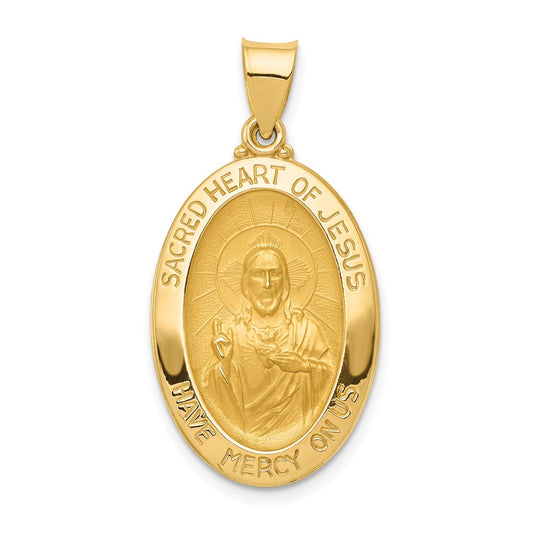 14k Yellow Gold Polished and Satin Sacred Heart of Jesus Medal Hollow Engravable Charm Pendant Jewelry Gifts (Length 1.05" Width 0.66")