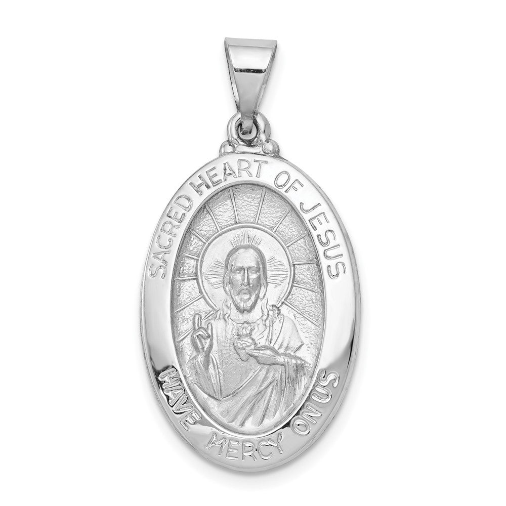 14k White Gold Polish Satin Sacred Heart Jesus Hollow Engravable Charm Pendant Jewelry Gifts (Length 1.05" Width 0.66")