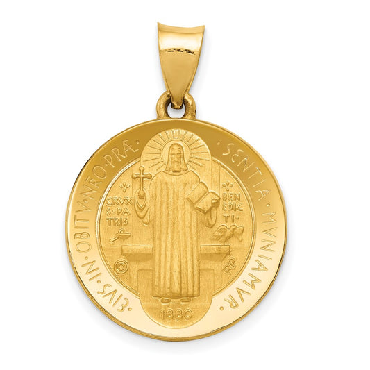 14k Yellow Gold Polished and Satin St Benedict Hollow Medal Engravable Charm Pendant Jewelry Gifts (Length 1.07" Width 0.74")