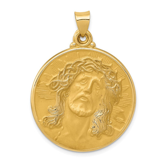 14k Yellow Gold Polished and Satin Face of Jesus Medal Hollow Engravable Charm Pendant Jewelry Gifts (Length 1.29" Width 1.09")