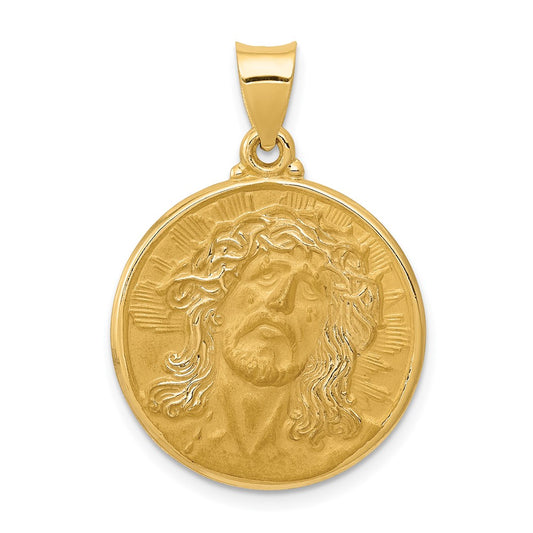 14k Yellow Gold Polished and Satin Face of Jesus Medal Hollow Engravable Charm Pendant Jewelry Gifts (Length 0.94" Width 0.82")