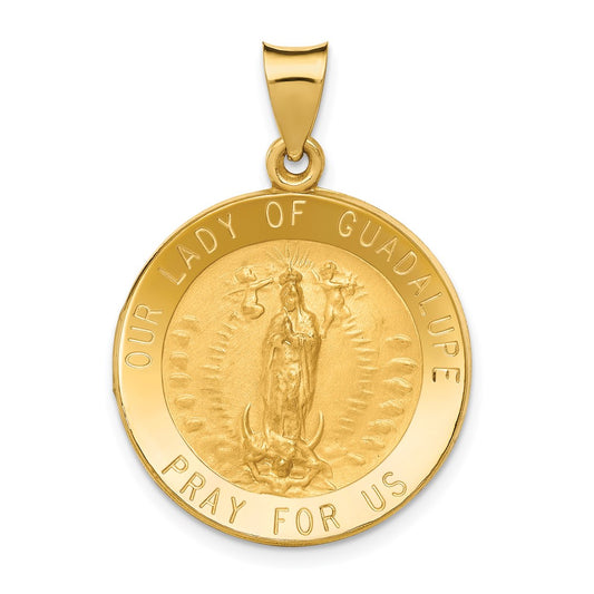 14k Yellow Gold Polished Satin Our Lady of Guadalupe Medal Hollow Engravable Charm Pendant Jewelry Gifts (Length 1.21" Width 0.86")