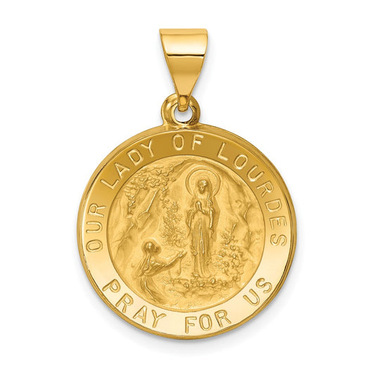 14k Yellow Gold Polished and Satin Our Lady of Lourdes Medal Hollow Engravable Charm Pendant Jewelry Gifts (Length 0.83" Width 0.73")