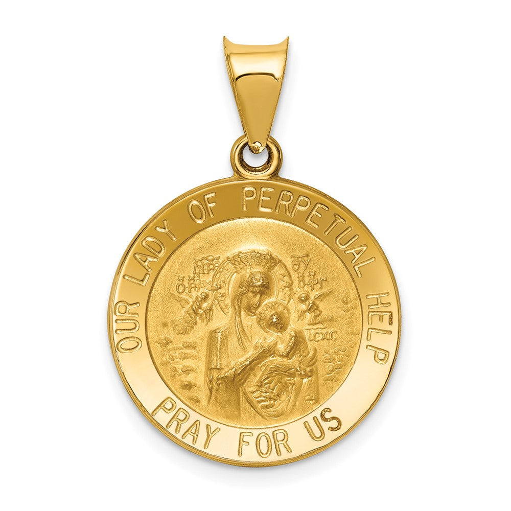 14k Yellow Gold Polished Satin Our Lady Perpetual Help Medal Hollow Engravable Charm Pendant Jewelry Gifts (Length 1.05" Width 0.74")