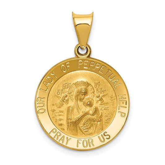 14k Yellow Gold Polished Satin Our Lady Perpetual Help Medal Hollow Engravable Charm Pendant Jewelry Gifts (Length 1.05" Width 0.74")