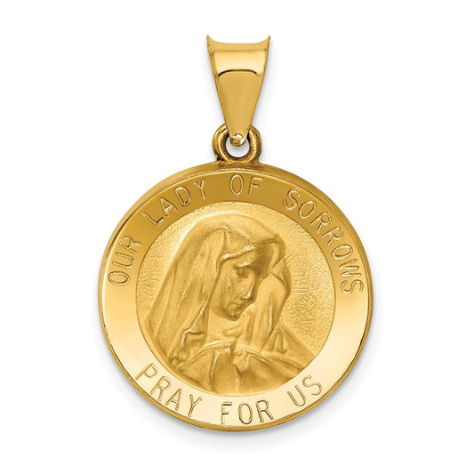 14k Yellow Gold Polished and Satin Our Lady of Sorrows Medal Hollow Engravable Charm Pendant Jewelry Gifts (Length 1.03" Width 0.74")
