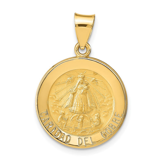 14k Yellow Gold Polished and Satin Caridad del Cobre Medal Hollow Engravable Charm Pendant Jewelry Gifts (Length 1.05" Width 0.71")