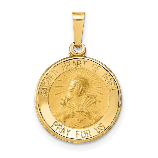 14k Yellow Gold Polished and Satin Sacred Heart of Mary Medal Hollow Engravable Charm Pendant Jewelry Gifts (Length 0.89" Width 0.59")