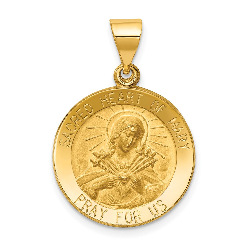 14k Yellow Gold Polished and Satin Sacred Heart of Mary Medal Hollow Engravable Charm Pendant Jewelry Gifts (Length 1.05" Width 0.72")
