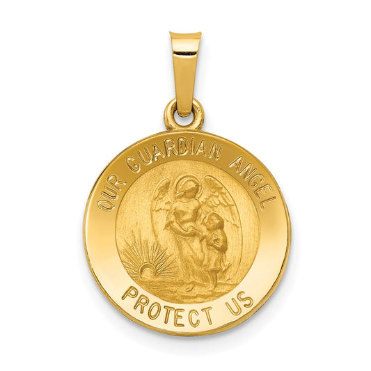 14k Yellow Gold Polished and Satin Our Guardian Angel Medal Hollow Engravable Charm Pendant Jewelry Gifts (Length 0.85" Width 0.58")
