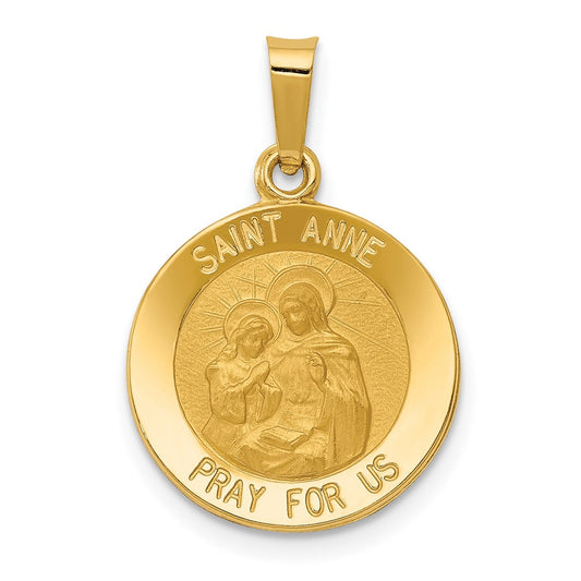 14k Yellow Gold Polished and Satin St. Anne Medal Hollow Engravable Charm Pendant Jewelry Gifts (Length 0.89" Width 0.6")
