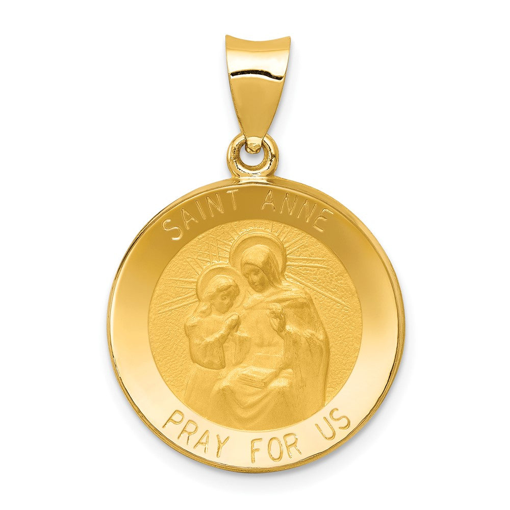 14k Yellow Gold Polished and Satin St. Anne Medal Hollow Engravable Charm Pendant Jewelry Gifts (Length 1.11" Width 0.74")