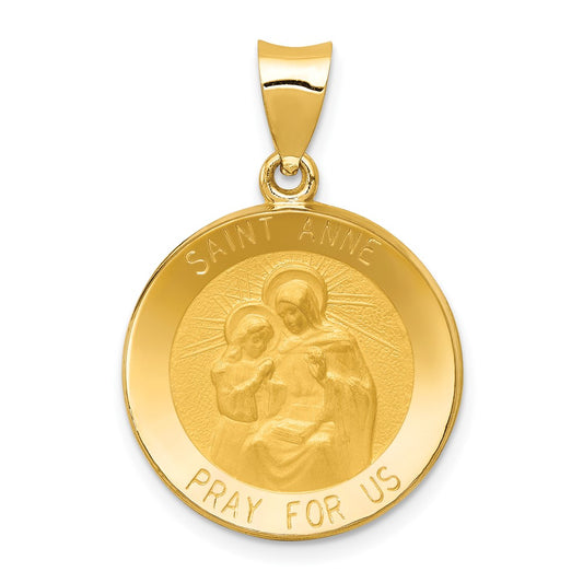 14k Yellow Gold Polished and Satin St. Anne Medal Hollow Engravable Charm Pendant Jewelry Gifts (Length 1.11" Width 0.74")