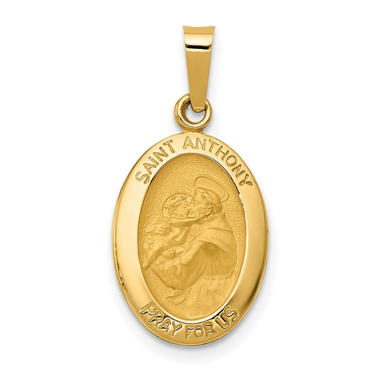 14k Yellow Gold Polished and Satin St. Anthony Medal Hollow Engravable Charm Pendant Jewelry Gifts (Length 0.91" Width 0.43")