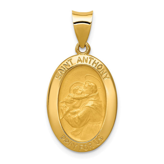 14k Yellow Gold Polished and Satin St. Anthony Medal Hollow Engravable Charm Pendant Jewelry Gifts (Length 1.13" Width 0.56")