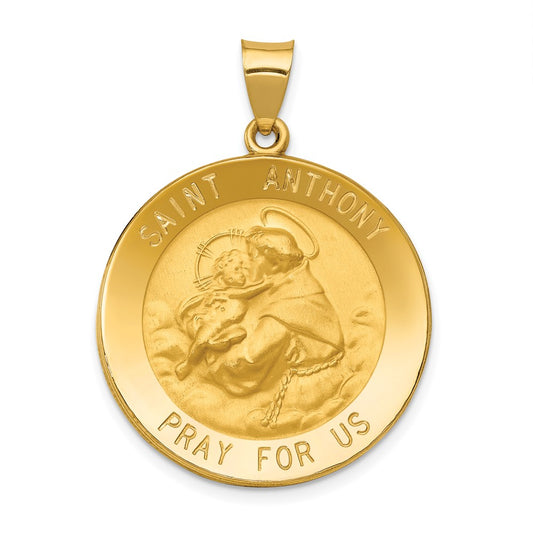 14k Yellow Gold Polished and Satin St. Anthony Medal Hollow Engravable Charm Pendant Jewelry Gifts (Length 1.37" Width 1")